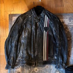 Men's Black Leather Jacket with Stripes
